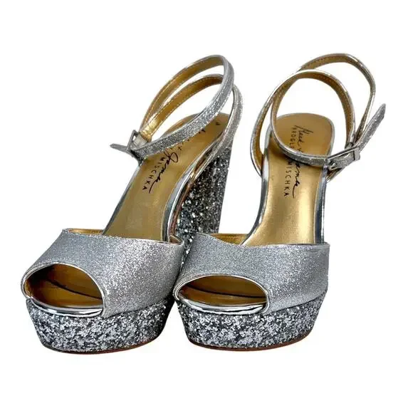 Badgley Mischka 7.5 Zale Open Toe Platform Block Heel Glitter Adjustable Buckle - Picture 6 of 9